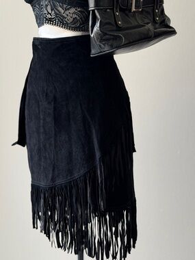 Vintage Black Fringe Suede Wrap Skirt - Women's Skirt
